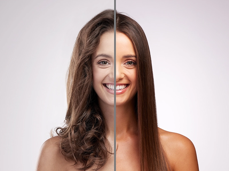 Antes y después de un tratamiento para el cuidado del pelo.